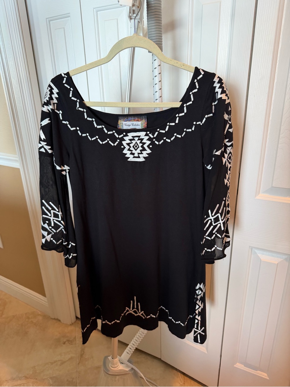 Johnny Was Black Tunic with White Geometric Embroidery